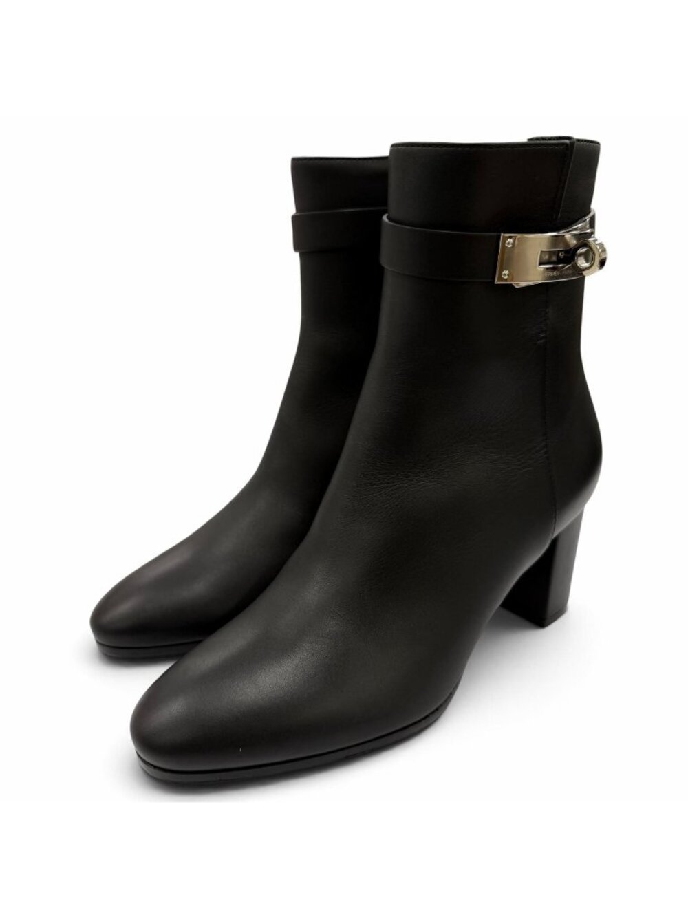 Hermes Saint Germain Silver Kelly Buckle Leather Short Boots Black